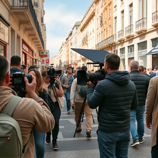 Photo d'un plateau de tournage dans une rue animée du centre de Marseille, montrant des caméras, des éclairages et une équipe de production.