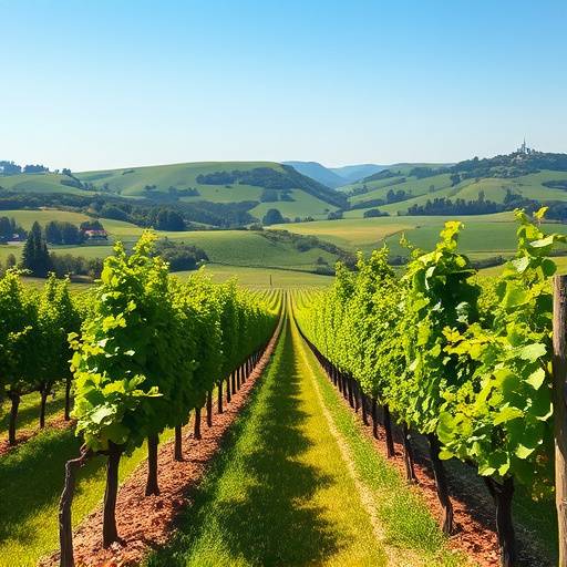 Un vignoble alsacien verdoyant avec des rangées de vignes et des collines en arrière-plan.